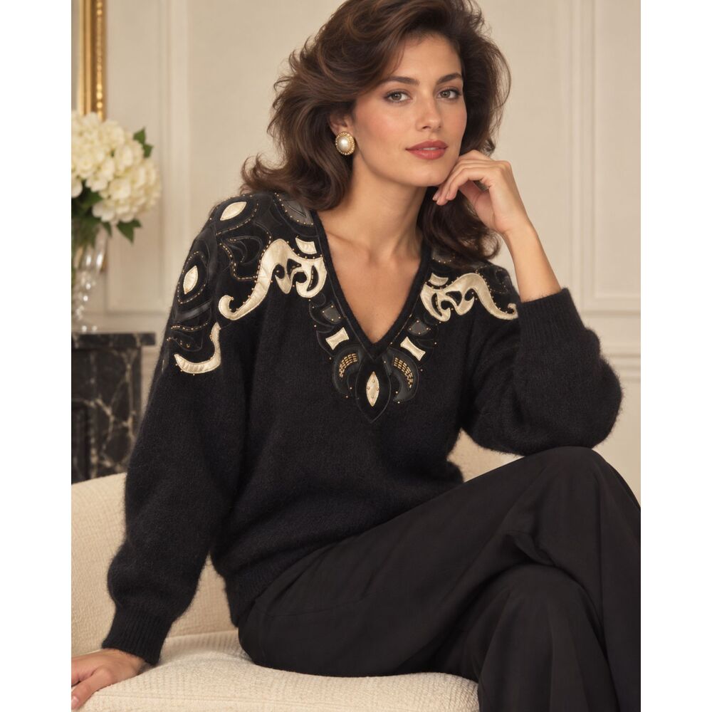 Vintage Dana Brooke Angora Lambswool Sweater Size S M Black Embellished 80s 90s